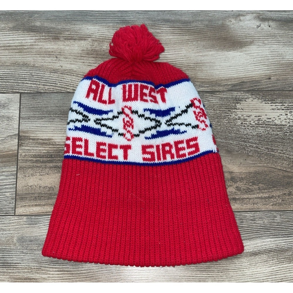 All West Select Sires Vintage Beanie Hat Red Knit Pom Pom Retro One Size